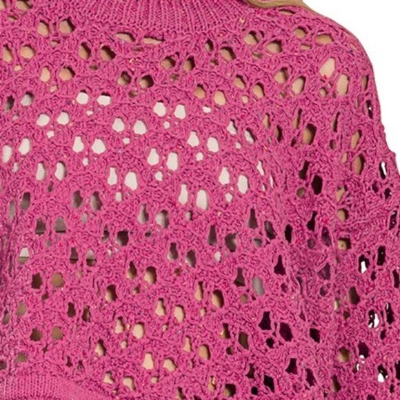*Zenana Women's Casual Oversized Cropped Crochet Open Knit Sweater Pink Magenta - Picture 3 of 5